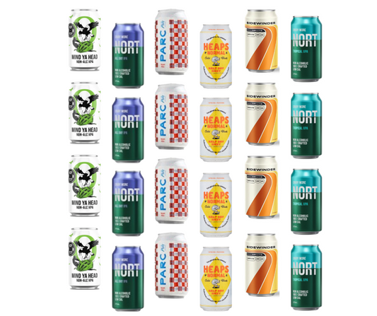 Low Cal, zero alcohol beer. Best selling alcohol free beer in a mixed slab, best sample pack to try different non-alcoholic beer. Award winning non-alcoholic beer. Best na beer, sans drinks. Melbourne, Victoria, Warrandyte, High Vibes Drinks award winning non-alcoholic drinks so you can Boozeless and vibrate at your highest level, make healthy choices and enjoy best quality non-alcoholic beer with no regrets. Parc Pils, Heaps Normal XAP, Heaps Normal Lager, Big Drop IPA, Nort IPA, Nort XPA, Hope Nation