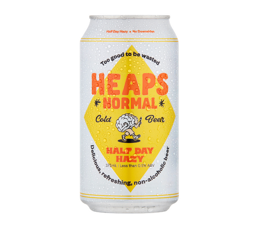 Heaps Normal non-alcoholic beer. Heaps Normal Half Day Hazy Non-Alcoholic Beer. It is a full-flavoured, classic Australian beer made without alcohol. Refreshing, delicious non alcoholic beer. Heaps Normal is an award winning Australian made alcoholic beer. Buy from High Vibes Drinks, the alcohol free specialist in Warrandyte, Melbourne. Shop with confidence with our award winning range of non-alcoholic beers. The Heaps Normal Half Day Hazy tastes like a delicious, refreshing beer.