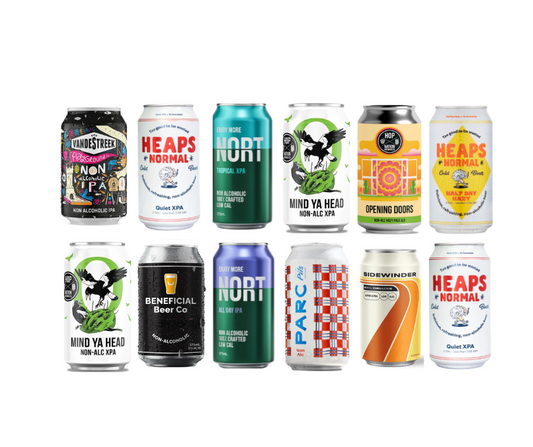 Low Cal, zero alcohol beer. Best selling alcohol free beer in a mixed slab, best sample pack to try different non-alcoholic beer. Award winning non-alcoholic beer. Best na beer, sans drinks. Melbourne, Victoria, Warrandyte, High Vibes Drinks award winning non-alcoholic drinks so you can Boozeless and vibrate at your highest level, make healthy choices and enjoy best quality non-alcoholic beer with no regrets. Parc Pils, Heaps Normal XAP, Heaps Normal Lager, Big Drop IPA, Nort IPA, Nort XPA, Hop Nation XPA