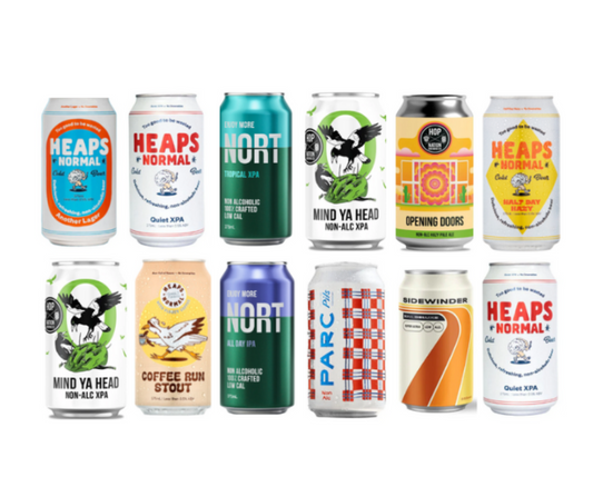Low Cal, zero alcohol beer. Best selling alcohol free beer in a mixed slab, best sample pack to try different non-alcoholic beer. Award winning non-alcoholic beer. Best na beer, sans drinks. Melbourne, Victoria, Warrandyte, High Vibes Drinks award winning non-alcoholic drinks so you can Boozeless and vibrate at your highest level, make healthy choices and enjoy best quality non-alcoholic beer with no regrets. Parc Pils, Heaps Normal XAP, Heaps Normal Lager, Big Drop IPA, Nort IPA, Nort XPA, Upflow Pale Ale