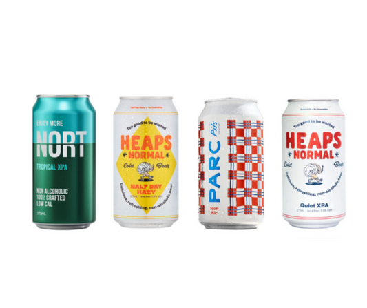 Low Cal, zero alcohol beer. Best selling alcohol free beer in a mixed slab, best sample pack to try different non-alcoholic beer. Award winning non-alcoholic beer. Best na beer, sans drinks. Melbourne, Victoria, Warrandyte, High Vibes Drinks award winning non-alcoholic drinks so you can Boozeless and vibrate at your highest level, make healthy choices and enjoy best quality non-alcoholic beer with no regrets. Parc Pils, Heaps Normal XAP, Heaps Normal Lager, Big Drop IPA, Nort IPA, Nort XPA, Hope Nation