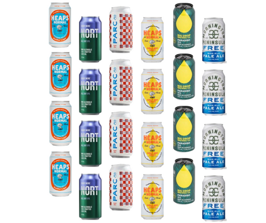 Low Cal, zero alcohol beer. Best selling alcohol free beer in a mixed slab, best sample pack to try different non-alcoholic beer. Award winning non-alcoholic beer. Best na beer, sans drinks. Melbourne, Victoria, Warrandyte, High Vibes Drinks award winning non-alcoholic drinks so you can Boozeless and vibrate at your highest level, make healthy choices and enjoy best quality non-alcoholic beer with no regrets. Parc Pils, Heaps Normal XAP, Heaps Normal Lager, Big Drop IPA, Nort IPA, Nort XPA, Upflow Pale Ale