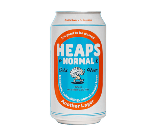  Heaps Normal non-alcoholic beer. Heaps Normal Another Lager Non-Alcoholic Beer. It is  a full-flavoured, classic Australian beer made without alcohol. Refreshing, delicious non alcoholic beer. Heaps Normal is an award winning Australian made alcoholic beer. Buy from High Vibes Drinks, the alcohol free specialist in Warrandyte, Melbourne. Shop with confidence with our award winning range of non-alcoholic beers.