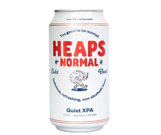  Heaps Normal non-alcoholic beer. Heaps Normal Quiet XPA Non-Alcoholic Beer. It is  a full-flavoured, classic Australian beer made without alcohol. Refreshing, delicious non alcoholic beer. Heaps Normal is an award winning Australian made alcoholic beer. Buy from High Vibes Drinks, the alcohol free specialist in Warrandyte, Melbourne. Shop with confidence with our award winning range of non-alcoholic beers. The Heaps Normal Quiet XPA tastes like a delicious, refreshing beer. Tropical and citrus aroma.