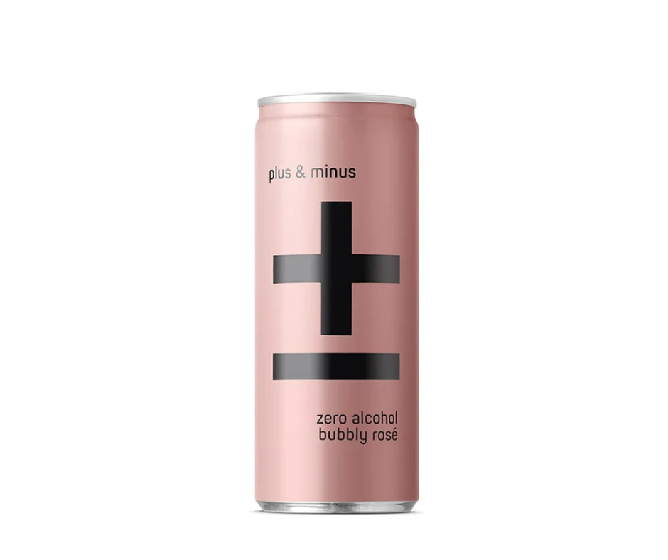 Plus & Minus Bubbly Rose' Can Non-Alcoholic Wine. Non-Alcoholic Rose Wine in a can: Amazing alcohol free alternative to help you drink less alcohol and enjoy life more. Party guilt-free with no hangovers enjoying non-alcoholic wine that tastes authentic. Best selling Non Alcoholic wine at High Vibes Drinks, the non alcoholic wine specialist in Melbourne.