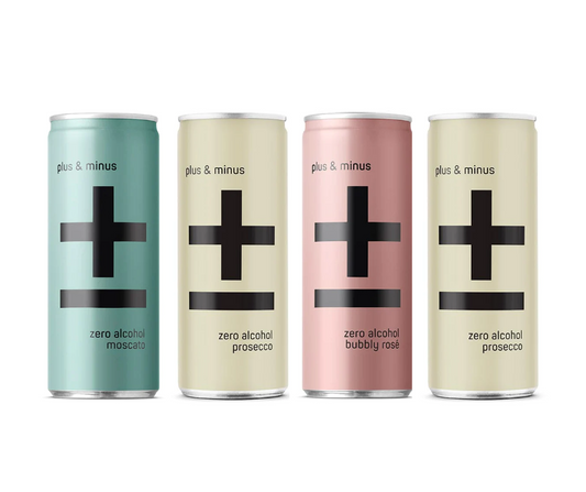 Plus & Minus moscato, prosecco, rose Can Non-Alcoholic Wine. Non-Alcoholic Wine in a can. sweet alcohol free moscato.  Amazing alcohol free alternative to help you drink less alcohol and enjoy life more. Party guilt-free with no hangovers enjoying non-alcoholic wine that tastes authentic. Best selling Non Alcoholic wine at High Vibes Drinks, the non alcoholic wine specialist in Melbourne.