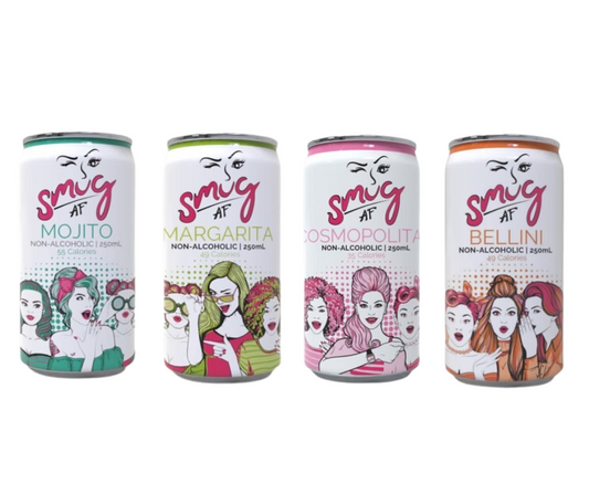 Smug alcohol-free cocktail mixed RTD pack. Non alcoholic RTD best-selling cocktails, Cosmopolitan,  Mojito, Margarita, Peach Bellini with complex mix of non-alcoholic spirits. Five star reviews.  Taste just like the real thing but with zero alcohol so you can drink less alcohol. Best selling Non Alcoholic cocktails RTD pack at High Vibes Drinks, the alcohol free specialist in Warrandyte, Melbourne. Low sugar alcohol free cocktail. Perfect non-alcoholic drink when pregnant or baby shower.