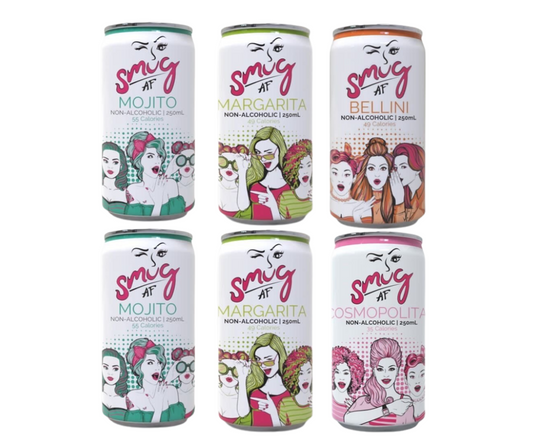 Smug alcohol-free cocktail mixed RTD pack. Non alcoholic RTD best-selling cocktails, Cosmopolitan,  Mojito, Margarita, Peach Bellini with complex mix of non-alcoholic spirits. Five star reviews.  Taste just like the real thing but with zero alcohol so you can drink less alcohol. Best selling Non Alcoholic cocktails RTD pack at High Vibes Drinks, the alcohol free specialist in Warrandyte, Melbourne. Low sugar alcohol free cocktail. Perfect non-alcoholic drink when pregnant or baby shower.